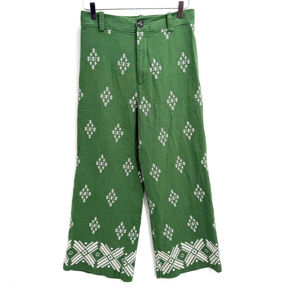 Zara Green Embroidered Wide Leg Linen Blend Pants Size M Euro Summer Trouser